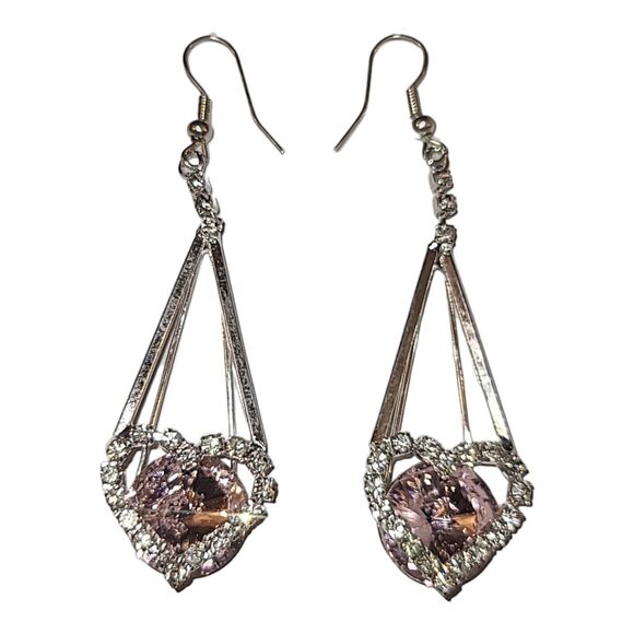 Pink Crystal Heart Drop Earrings‎ Silver Tone Rhinestones 2.5" - Picture 8 of 8